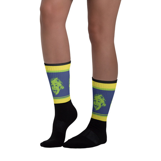 Buy online cute Albert Einstein Green Yellow Blue Day Black foot socks for sale online by Neoclassical pop art designer online store 