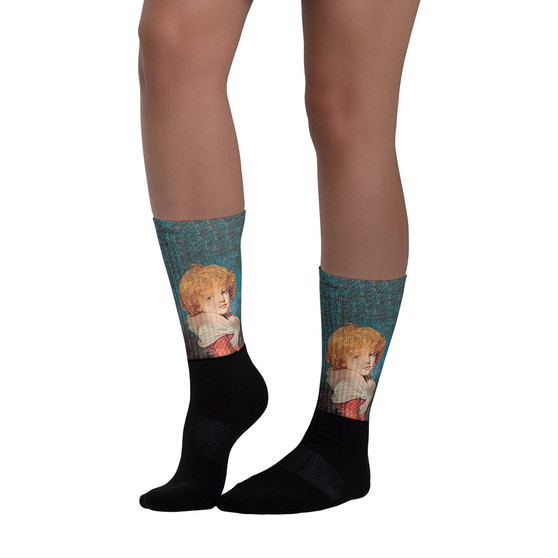 Greuze child Portrait green orange red black art socks