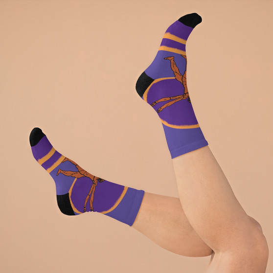 on sale Collectible Leonardo da Vinci Vitruvian Man purple light brown cool art socks by Neoclassical Pop Art online designer brand store 