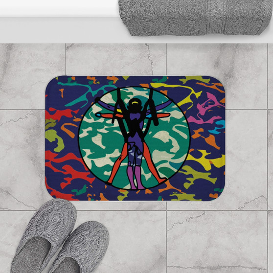 On Sale Leonardo Da Vinci Green Red Blue Yellow Pink Purple  Multi-Collor  Vitruviuan Space Man Bath Mat by Neoclassical Pop Art 