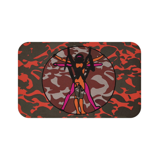 Orange, pink, and gray Vitruvian Man bath mat with space-themed artwork