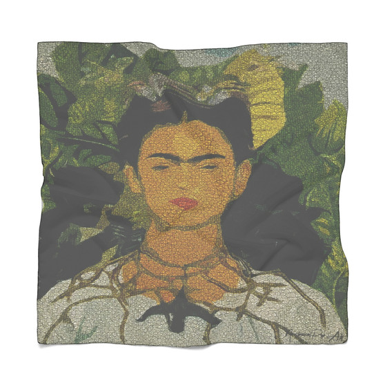 Frida Kahlo portrait printed on a lightweight poly voile scarf
