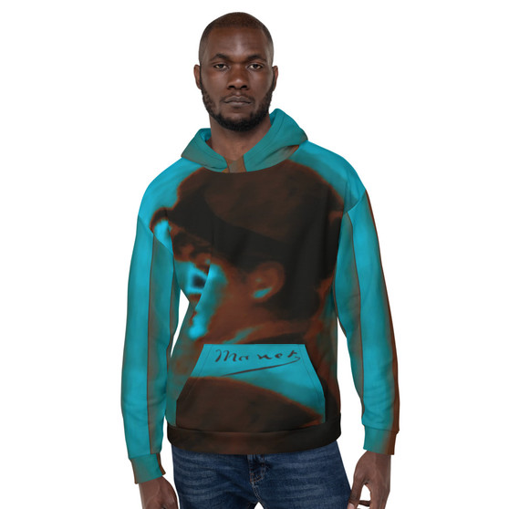 Front Manet Mademoiselle Suzette hoodie: teal-burgundy portrait with Manet script on pocket.