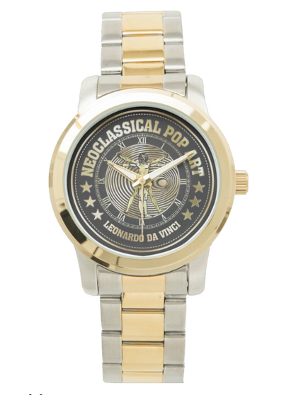 Gold-and-silver two-tone bracelet watch with Vitruvian Man artwork