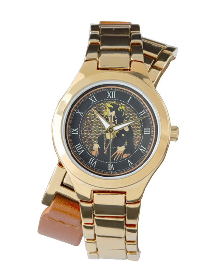 Gold wraparound women’s watch with orange-and-yellow Marilyn Monroe portrait dial