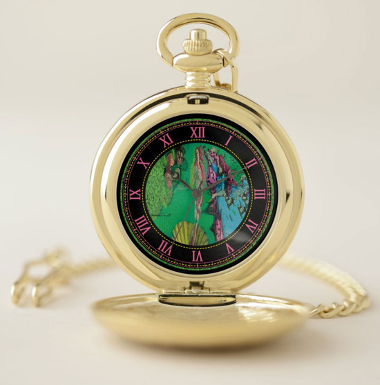Gold-and-green pocket watch with Botticelli Venus rising from the water artwork