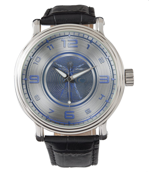 Da Vinci Blue Vitruvian Man Silver Men's Vintage Black Leather Strap Watch