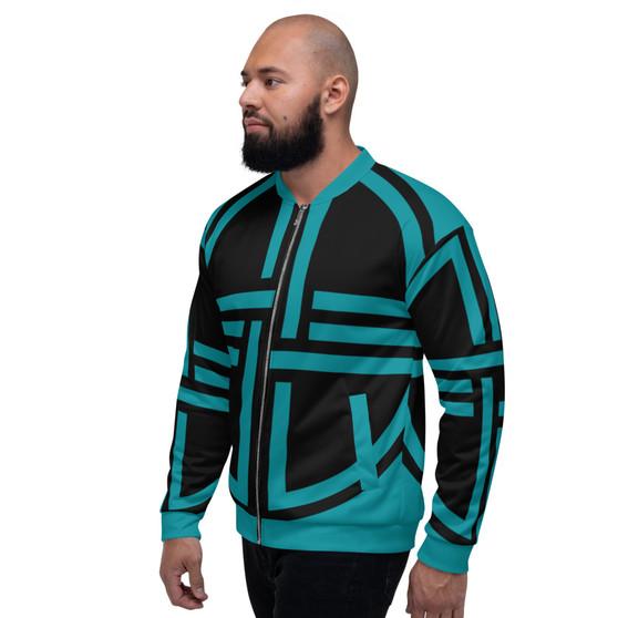 On Sale Sacred Geometry  Black &  Teal Blue Bomber Jacket by Neoclassical Pop Art