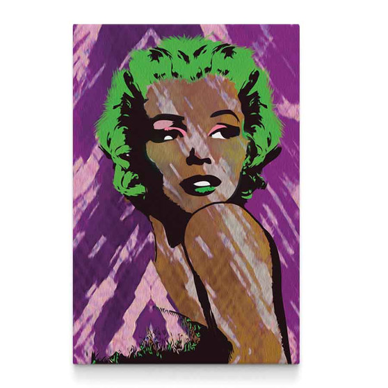 Marilyn Monroe portrait in purple and green tones on an oil-on-canvas print