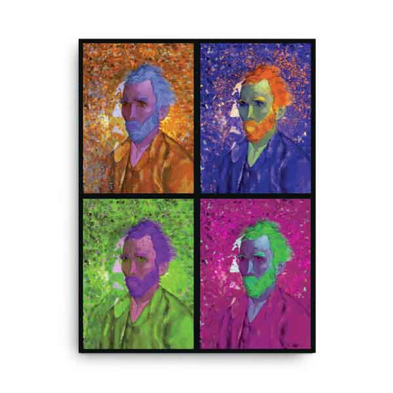 Van Gogh pop self-portrait 2x2 grid in orange, purple, magenta, and green on canvas