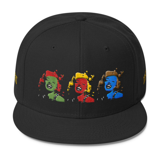 Black high-profile snapback hat with a multicolor portrait graphic across the front panel.