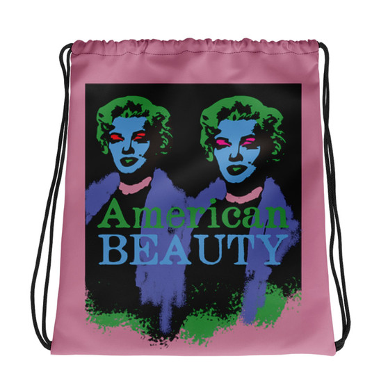 Pink, green, purple, and light-blue Marilyn Monroe drawstring bag with da Vinci Vitruvian Man artwork