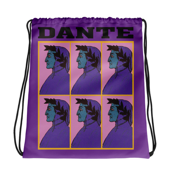 Purple, green, and yellow Botticelli Dante drawstring bag with da Vinci Vitruvian Man artwork