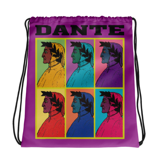 Pink, yellow, blue, green, and orange Botticelli Dante drawstring bag with da Vinci Vitruvian Man artwork