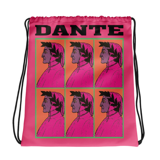 Pink-and-orange Botticelli Dante drawstring bag with da Vinci Vitruvian Man artwork
