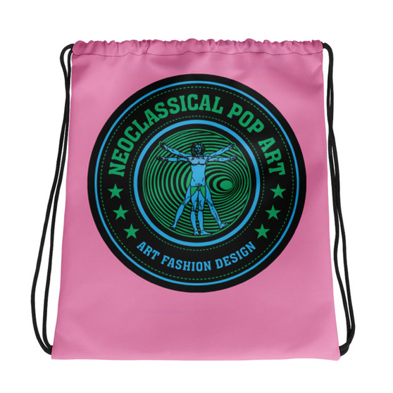 collectible light pink blue green cool Drawstring bag  with Neoclassical pop art skull after da vinci  and da vinci vitruvian man on the back for sale online 