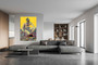 Yellow-toned Mars Wonders portrait print on canvas displayed above a sectional sofa in a modern living room.