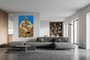 Blue-toned Mars Wonders portrait print on canvas displayed above a sectional sofa in a bright living room.