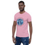 Leonardo Da Vinci Vitruvian man What You Give Is What You Take  typography art Short-Sleeve peach blue Unisex T-Shirt by Neoclassical pop art designer brand online store