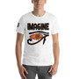 White short-sleeve T-shirt with black IMAGINE text and orange Eye of Horus graphic