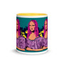 White ceramic mug with repeated pink-haired Mona Lisa portraits on a teal background
