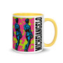 Pink Blue Yellow  the best Michelangelo David Neoclassical pop art coffee mug with words and letters by Neoclassical Pop Art
