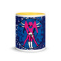 White ceramic mug with blue textured ground and magenta Vitruvian Man inside a black oval