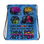 blue Drawstring bag with skull after da vinci skull and da vinci vitruvian man on the back