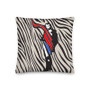 Square zebra Napoleon pillow with black standing silhouette and bold flowing red accent.