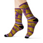 on sale Collectible Leonardo da Vinci Vitruvian Man Dark Violet Yellow Space Rock art socks by Neoclassical Pop Art online brand store 