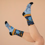 on sale Collectible Leonardo da Vinci Vitruvian Man gray blue black yellow artist art socks by Neoclassical Pop Art online brand store 