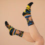 Collectible orange blue green black Leonardo da Vinci Vitruvian Man kawaii art socks by Neoclassical Pop Art online brand store