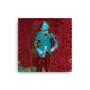 Square Manet canvas with neon cyan figure hands-on-hips against textured ruby red swirls.