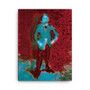 Vertical Manet canvas with glowing cyan figure and dark ghost silhouette on deep red texture.