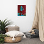 Vertical Manet neon-cyan figure canvas in playroom with floor cushions and beige canopy.