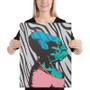 Vertical Da Vinci pink caricature canvas held at chest: teal face, cyan crown, blue-white zebra.
