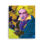 Vertical Beethoven Blond Blue canvas: glowing green eyes, blue lips, mustard-gold background.