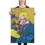 Hands framing vertical Beethoven Blond Blue print with neon yellow hair and purple-green splatters.