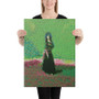 Person in black holding vertical Goya Black Duchess canvas with lime-green sky and pink ground.