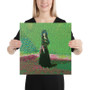 Woman holding square Goya Black Duchess Green Pink print showing black gown and lime background.