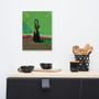Vertical Goya Black Duchess canvas above kitchen wood counter with black bowls and utensil caddy.
