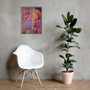 Vertical Botticelli Venus Orange Purple canvas above white Eiffel chair beside rubber plant.