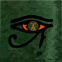 Da Vinci Eye of the Art duvet graphic: black Eye of Horus with orange Vitruvian Man on green ground.