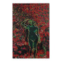 Rubens Adam and Eve after Titian rug graphic: neon green silhouette drinking against red swirls.