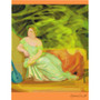 Gray Lady with a Violin duvet art: seafoam gown on gold couch with teal lute and lime swirls.