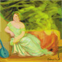 Gray Lady with a Violin print: mint gown, orange drape, electric blue lute against green foliage.