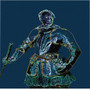 Van Dyck Warrior duvet graphic: neon cyan armor outline with baton on dark navy background.