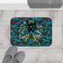 Da Vinci Vitrucvian Space Man  Turquoise Blue Yellow Gray Bath Mat by Neoclassical Pop Art