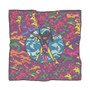Da Vinci Space Vitruvian Man poly scarf: neon camo field, blue circle, multi-arm pop figure.