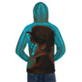 Brown-and-blue Mademoiselle Suzette portrait on an all-over-print hoodie